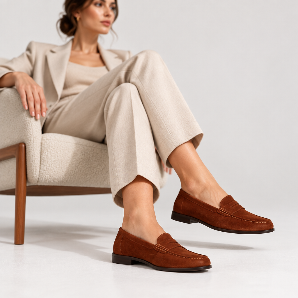 Martina Loafer Cognac Suede worn by a model