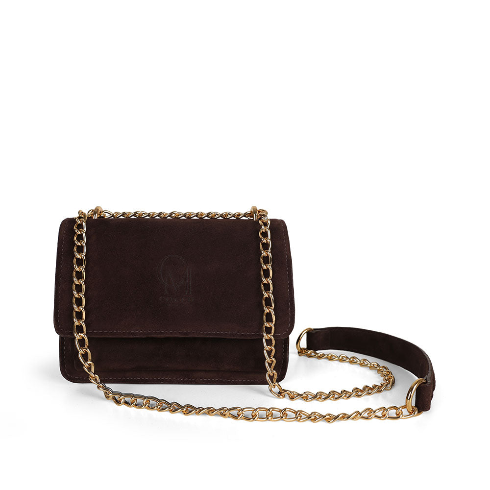 Blair brown suede bag with gold-tone chain, front view