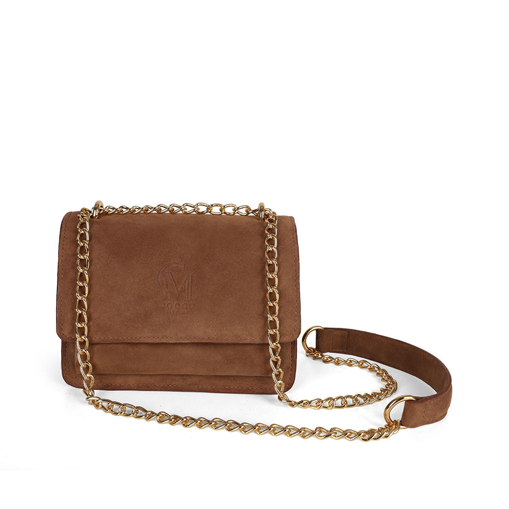 Blair cognac suede bag with gold-tone chain, front view