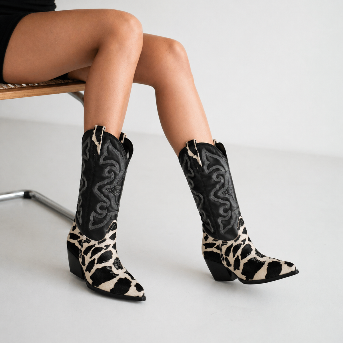 West Boot Black & White Leather worn by a model