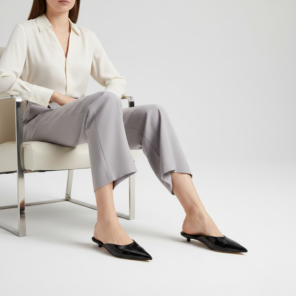 Capri Mule Black Patent Leather worn by a model