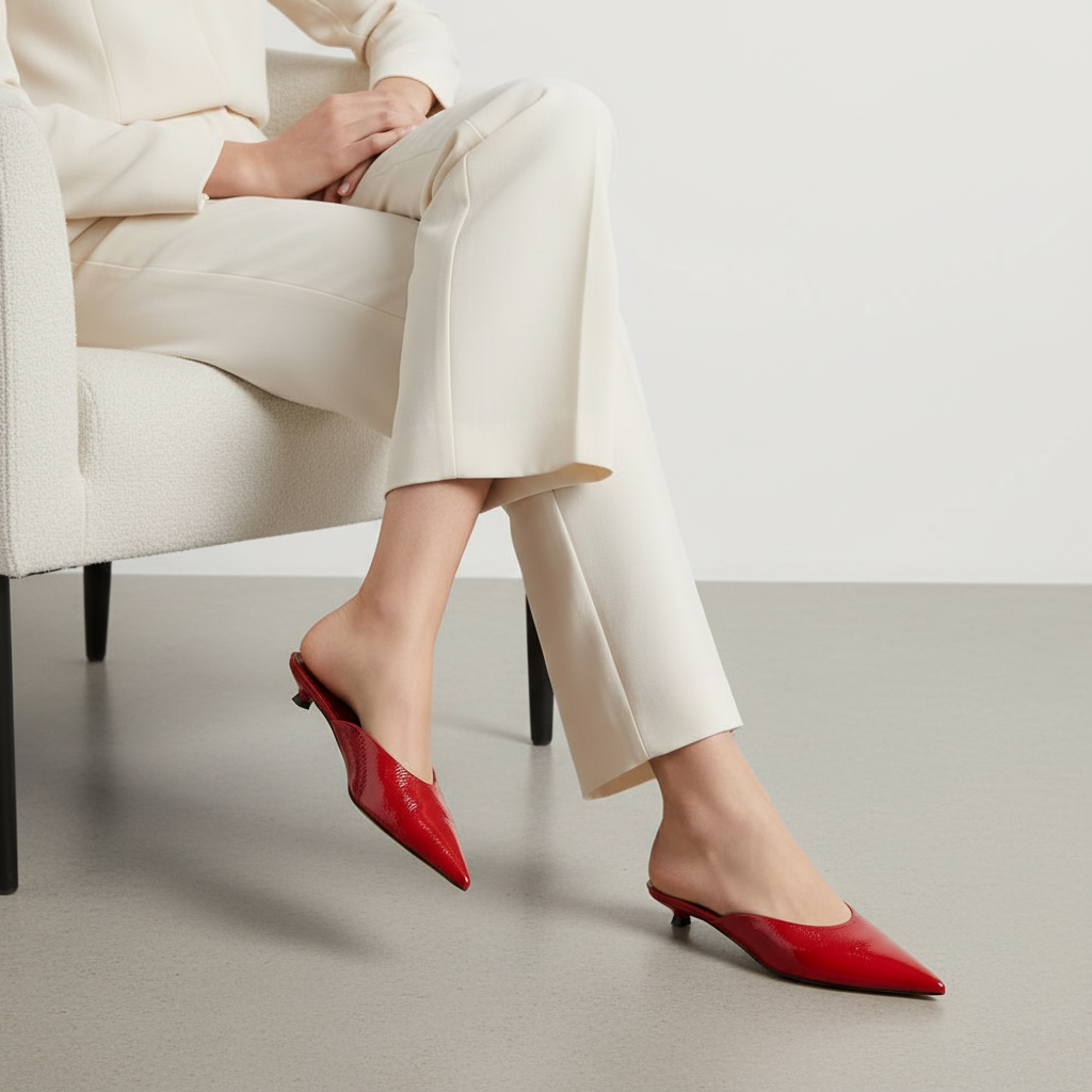 Capri Mule Red Patent Leather worn by a model