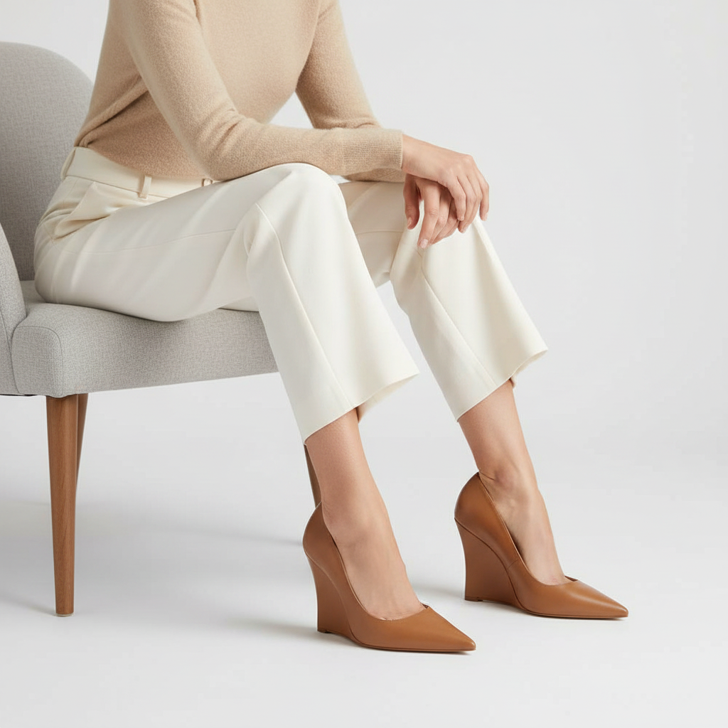 Raya Pump Almond Leather worn by a model