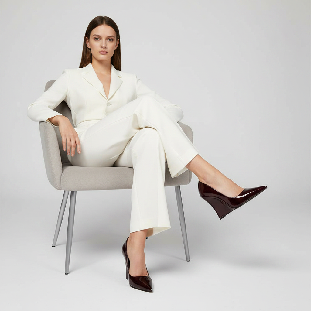 Raya Pump Cherry Patent worn by a model