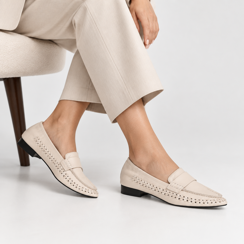 Ravello Loafer Off White Leather – worn by a model
