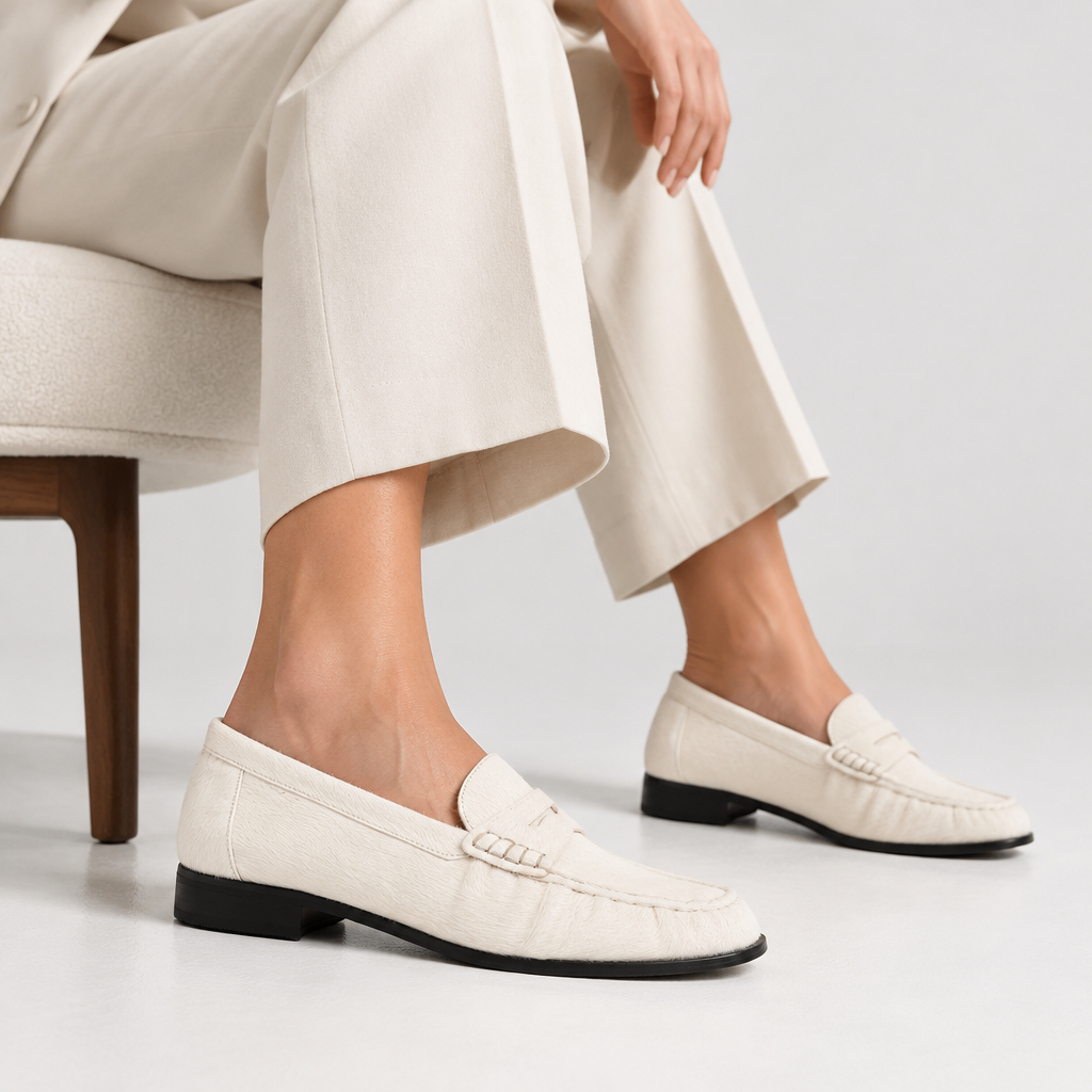 Martina Loafer Off White Hair-On Leather – worn by a model